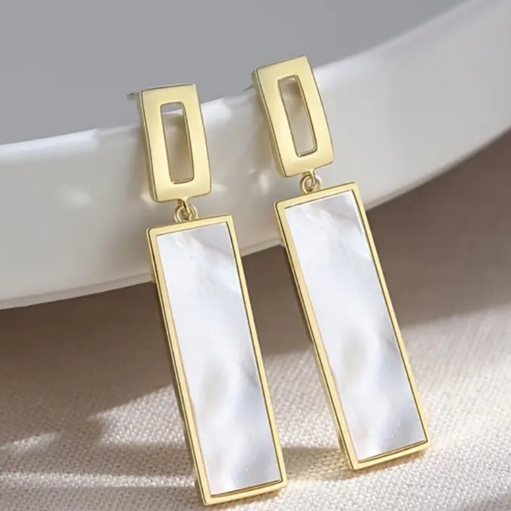 Elegant Gold and White Rectangular Earrings
